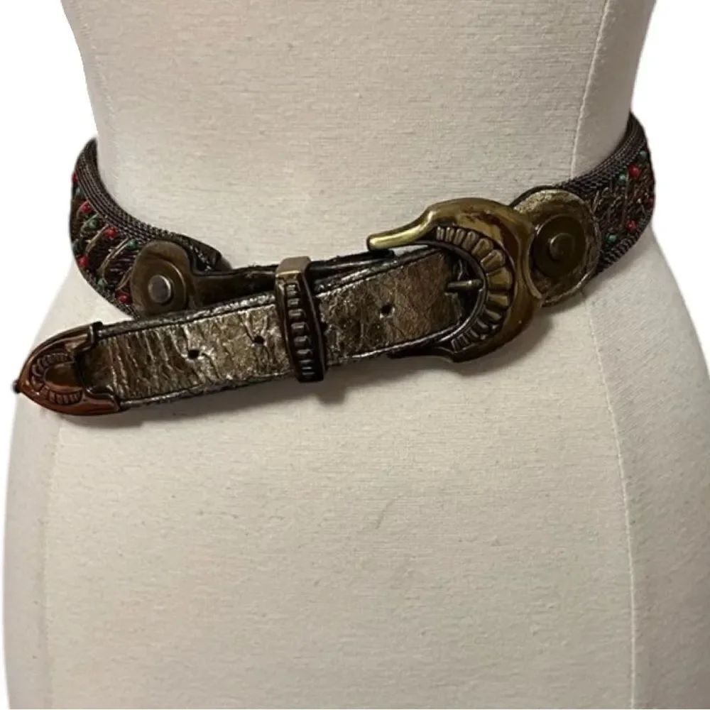Vintage 1980s Beaded Mesh Metallic Leather Sand Castle USA Southwestern Belt